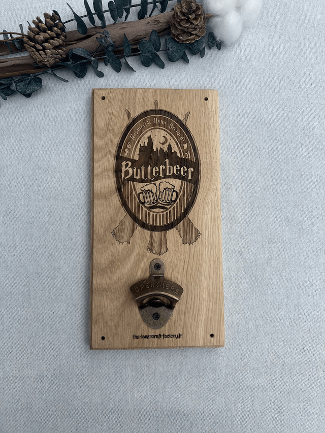 Décapsuleur en chêne – Étiquette Bière au Beurre (inspiré d’Harry Potter) 