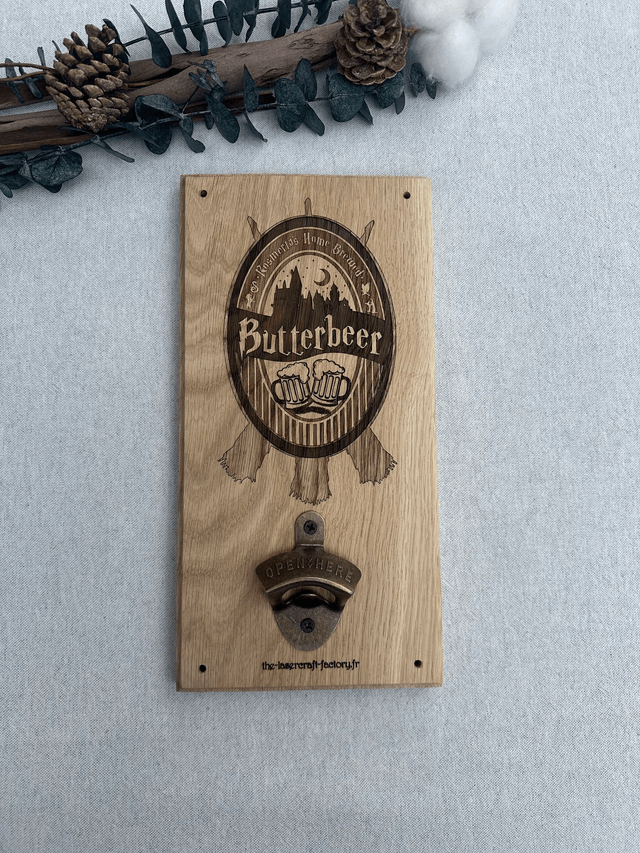 Décapsuleur en chêne – Étiquette Bière au Beurre (inspiré d’Harry Potter) 