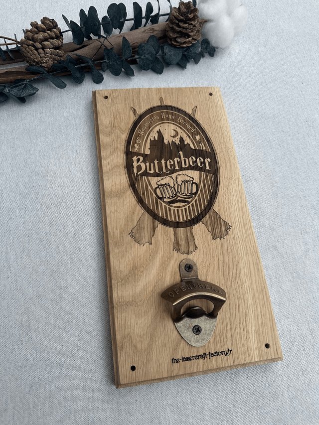 Décapsuleur en chêne – Étiquette Bière au Beurre (inspiré d’Harry Potter) 