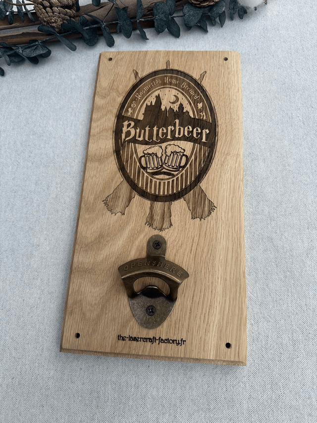 Décapsuleur en chêne – Étiquette Bière au Beurre (inspiré d’Harry Potter) 
